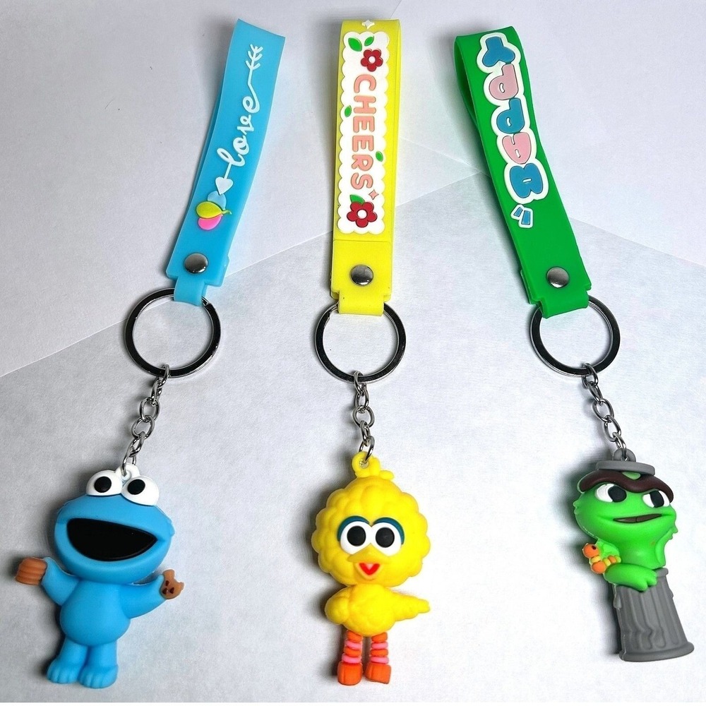 Set of 3 Character Keychains Cookie Monster Big Bird Oscar Wrist Strap Bundle